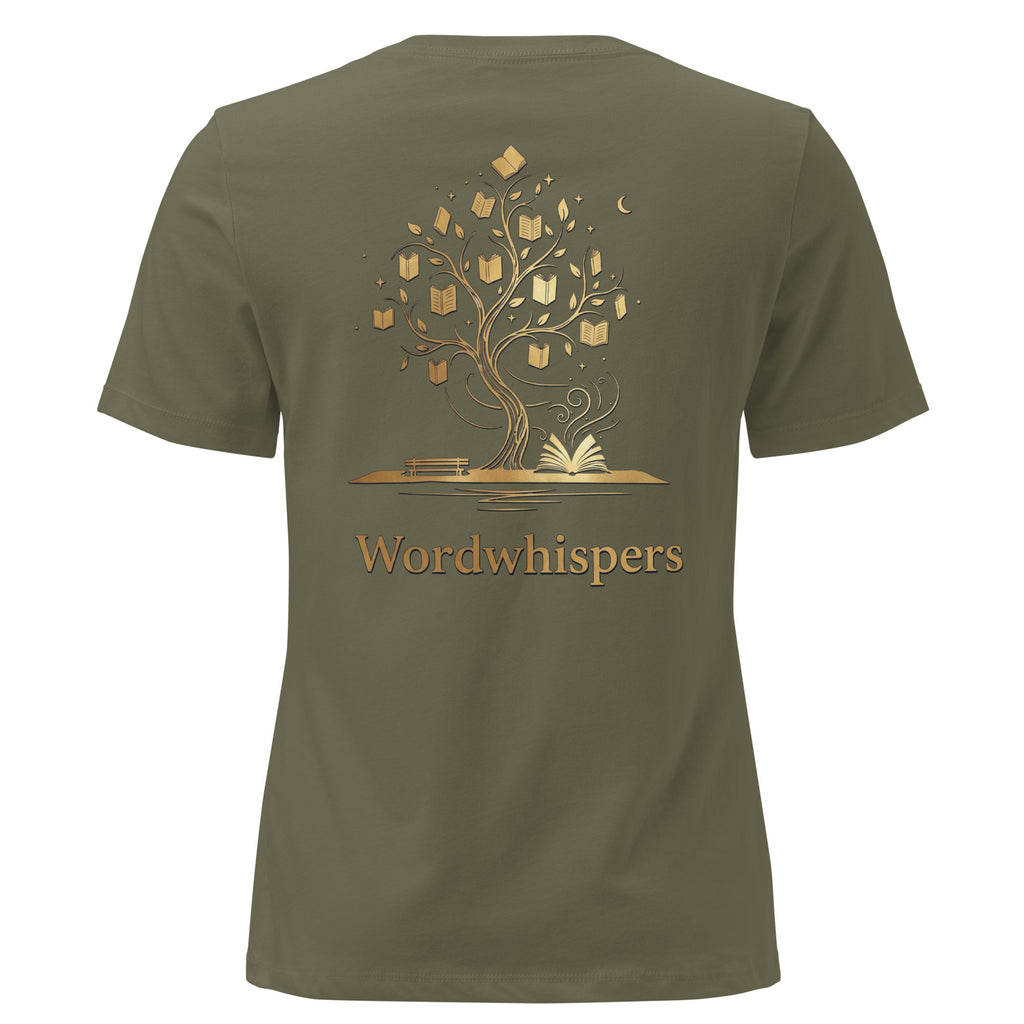 Back view of women’s relaxed-fit T-shirt featuring a gold tree with books among its branches, stars, a crescent moon, and Wordwhispers lettering beneath in military green