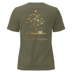 Back view of women’s relaxed-fit T-shirt featuring a gold tree with books among its branches, stars, a crescent moon, and Wordwhispers lettering beneath in military green