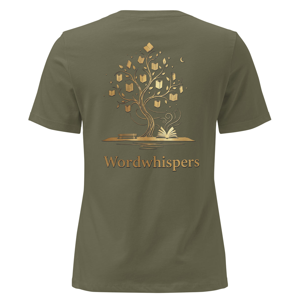 Back view of women’s relaxed-fit T-shirt featuring a gold tree with books among its branches, stars, a crescent moon, and Wordwhispers lettering beneath in military green
