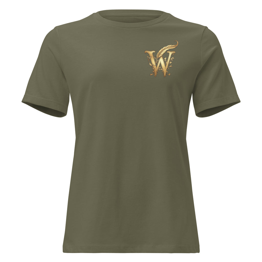 Front view of women’s relaxed-fit crewneck T-shirt with a gold Wordwhispers W-and-quill emblem on the left chest in military green