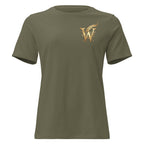 Front view of women’s relaxed-fit crewneck T-shirt with a gold Wordwhispers W-and-quill emblem on the left chest in military green