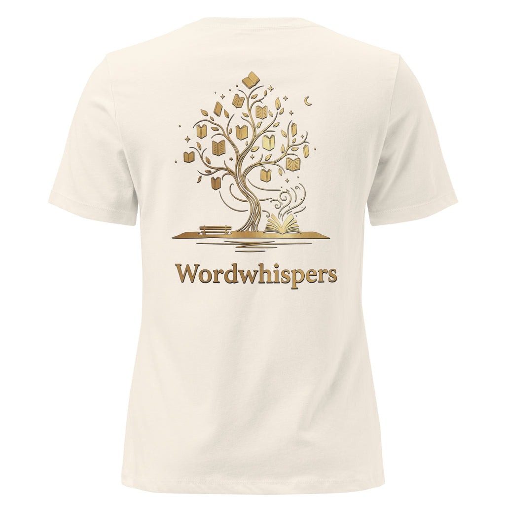 Back view of women’s relaxed-fit T-shirt featuring a gold tree with books among its branches, stars, a crescent moon, and Wordwhispers lettering beneath in natural