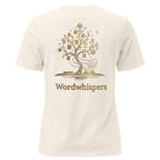 Back view of women’s relaxed-fit T-shirt featuring a gold tree with books among its branches, stars, a crescent moon, and Wordwhispers lettering beneath in natural