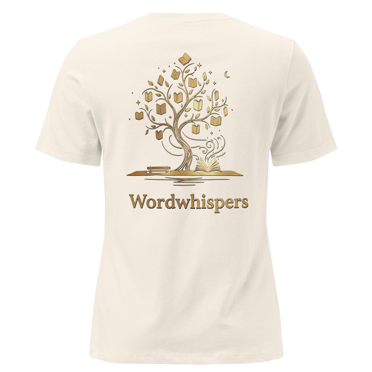 Back view of women’s relaxed-fit T-shirt featuring a gold tree with books among its branches, stars, a crescent moon, and Wordwhispers lettering beneath in natural