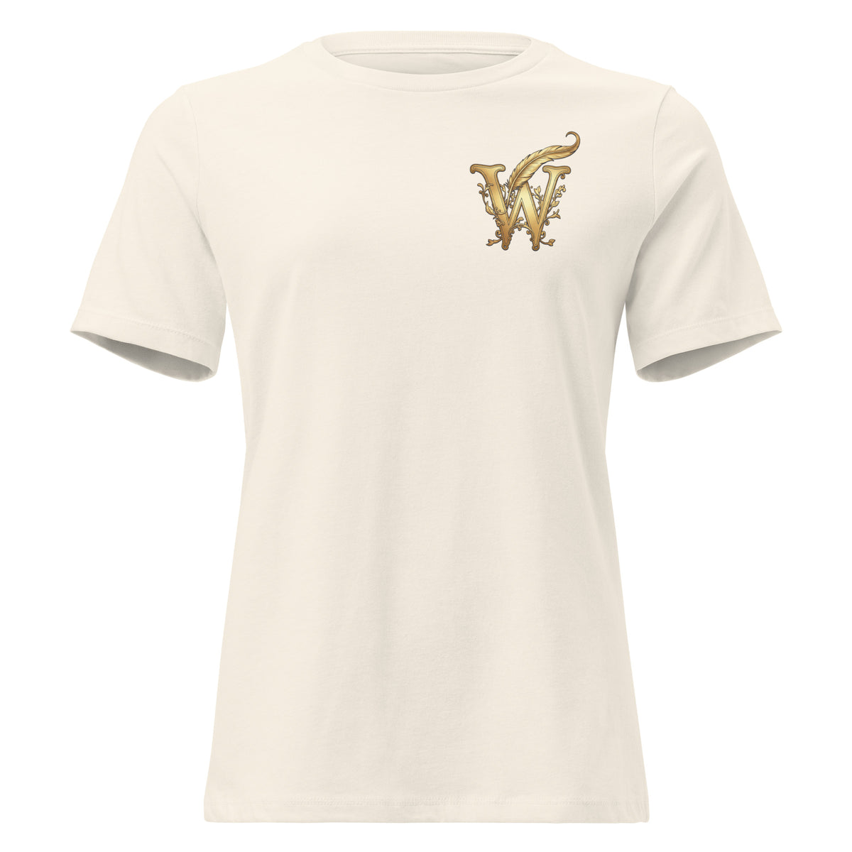 Front view of women’s relaxed-fit crewneck T-shirt with a gold Wordwhispers W-and-quill emblem on the left chest in natural