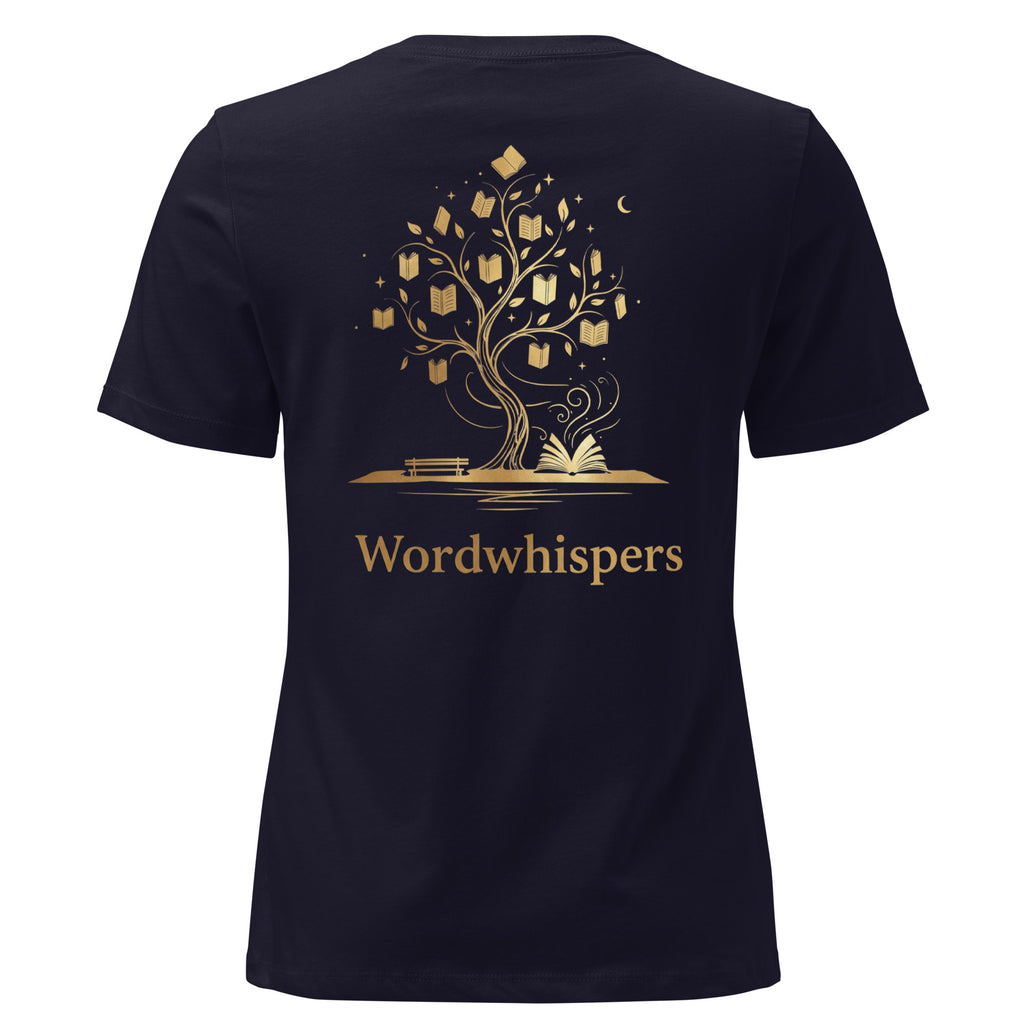 Back view of women’s relaxed-fit T-shirt featuring a gold tree with books among its branches, stars, a crescent moon, and Wordwhispers lettering beneath in navy
