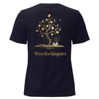 Back view of women’s relaxed-fit T-shirt featuring a gold tree with books among its branches, stars, a crescent moon, and Wordwhispers lettering beneath in navy