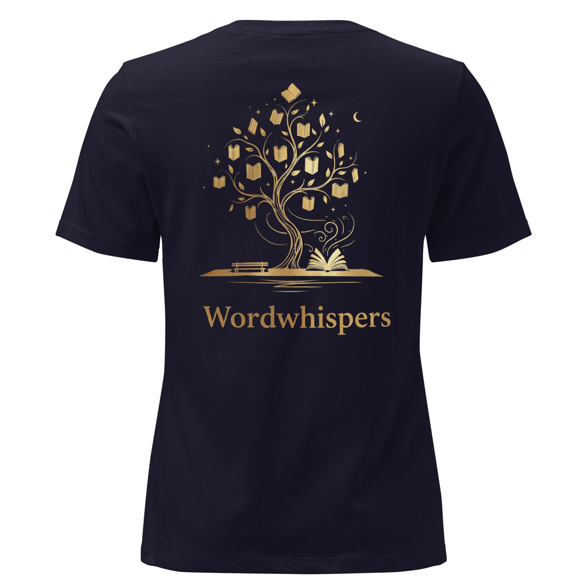 Back view of women’s relaxed-fit T-shirt featuring a gold tree with books among its branches, stars, a crescent moon, and Wordwhispers lettering beneath in navy