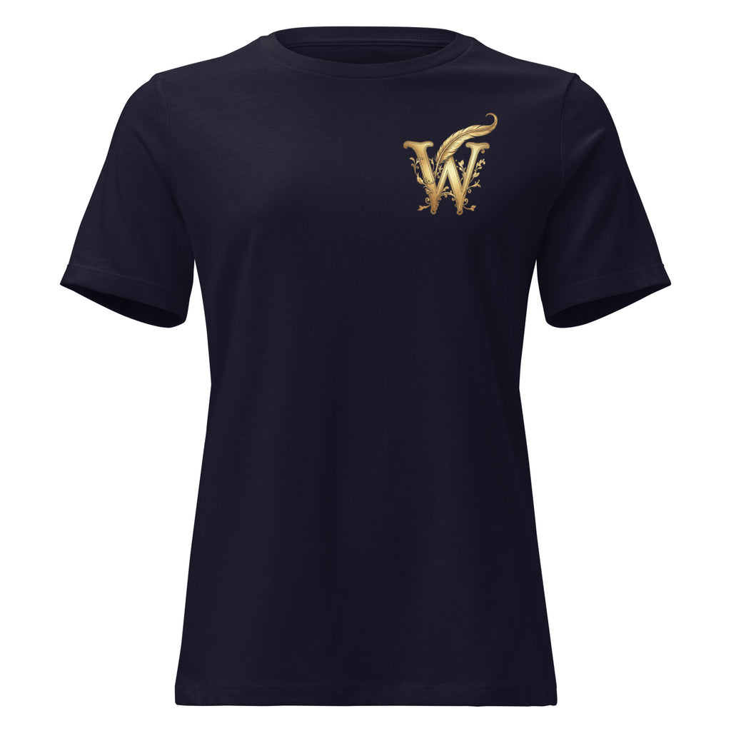Front view of women’s relaxed-fit crewneck T-shirt with a gold Wordwhispers W-and-quill emblem on the left chest in navy