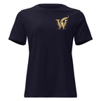 Front view of women’s relaxed-fit crewneck T-shirt with a gold Wordwhispers W-and-quill emblem on the left chest in navy