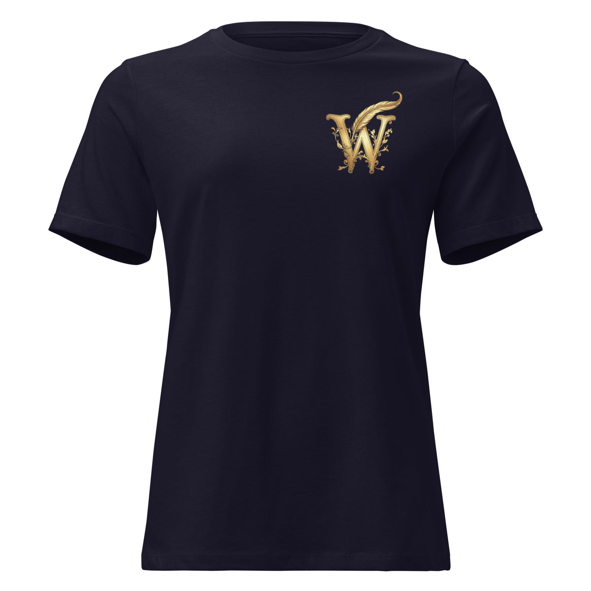 Front view of women’s relaxed-fit crewneck T-shirt with a gold Wordwhispers W-and-quill emblem on the left chest in navy