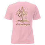 Back view of women’s relaxed-fit T-shirt featuring a gold tree with books among its branches, stars, a crescent moon, and Wordwhispers lettering beneath in pink