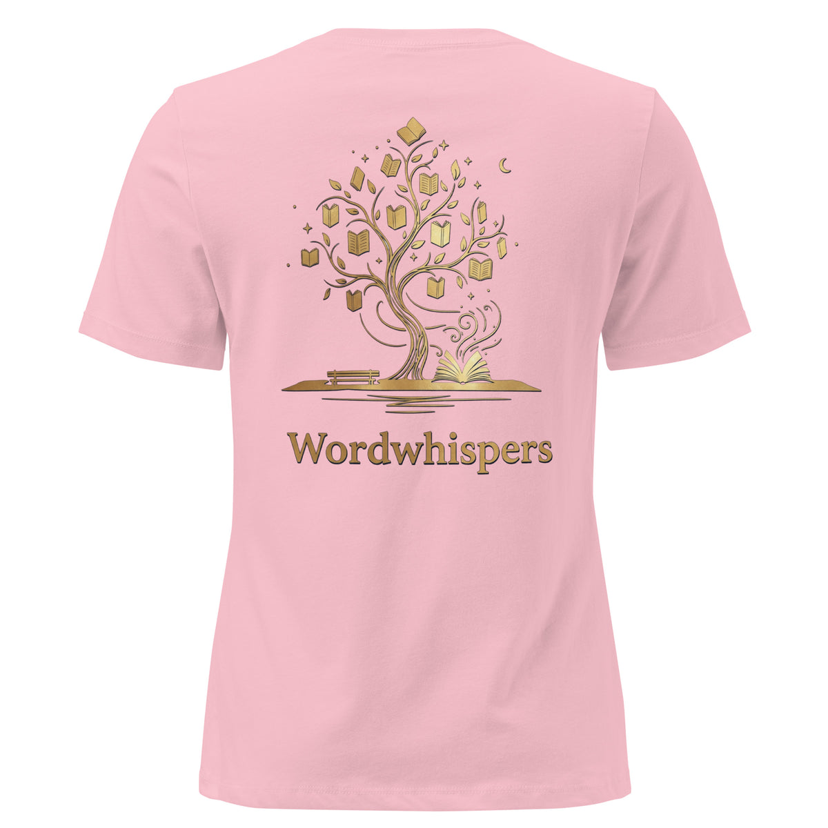 Back view of women’s relaxed-fit T-shirt featuring a gold tree with books among its branches, stars, a crescent moon, and Wordwhispers lettering beneath in pink