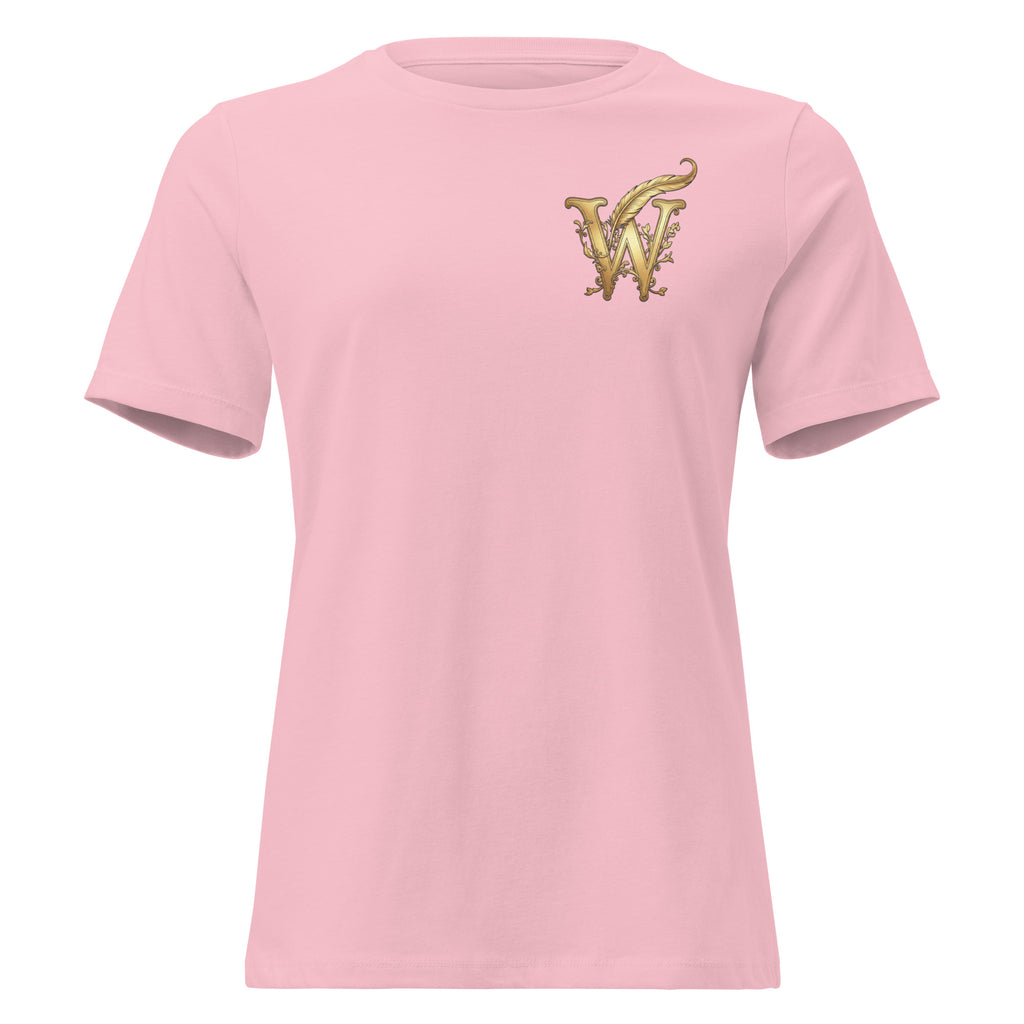 Front view of women’s relaxed-fit crewneck T-shirt with a gold Wordwhispers W-and-quill emblem on the left chest in pink