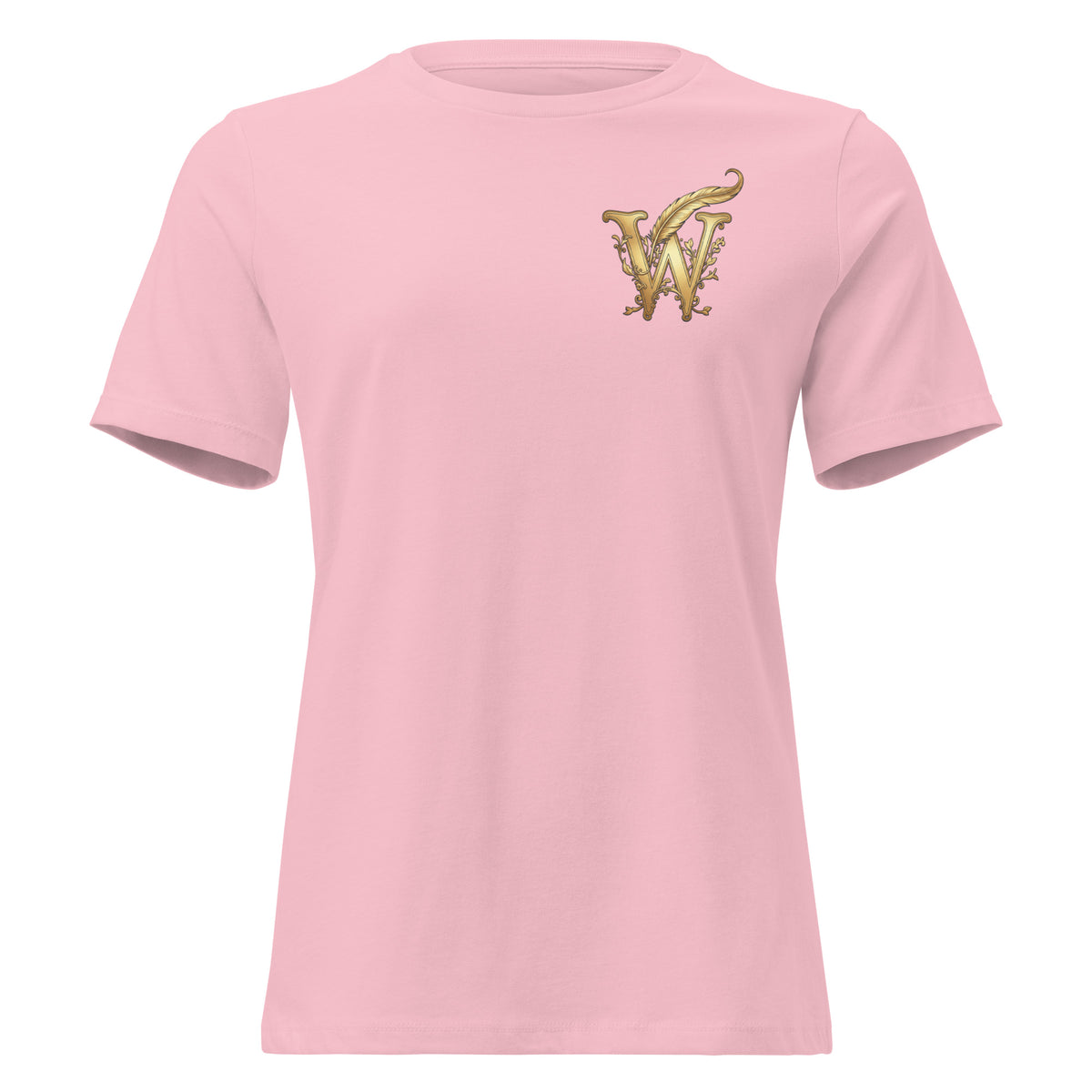 Front view of women’s relaxed-fit crewneck T-shirt with a gold Wordwhispers W-and-quill emblem on the left chest in pink