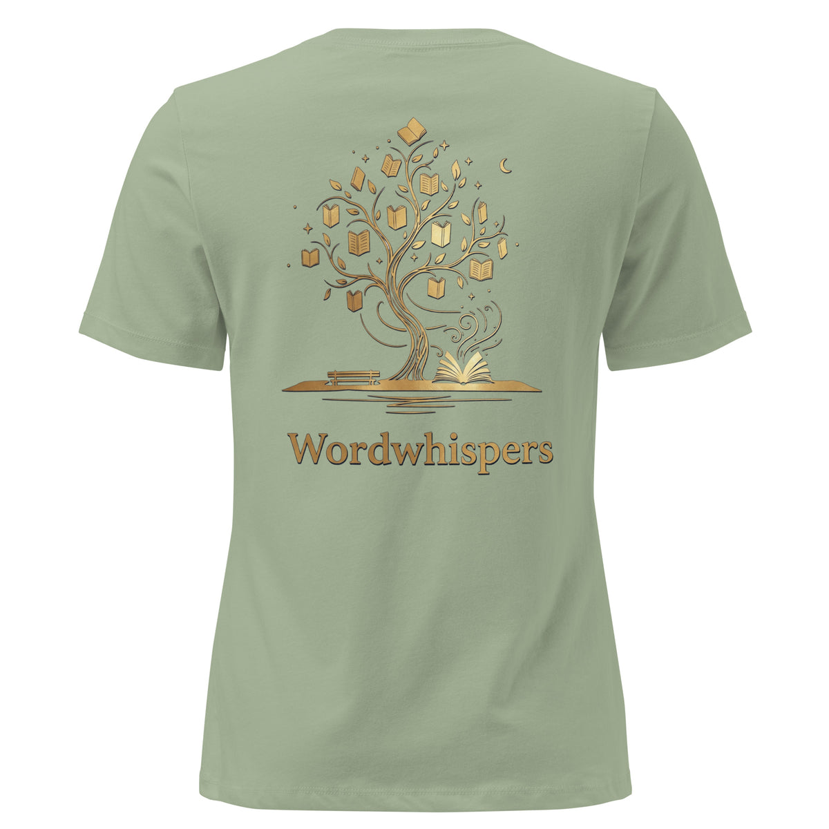 Back view of women’s relaxed-fit T-shirt featuring a gold tree with books among its branches, stars, a crescent moon, and Wordwhispers lettering beneath in sage