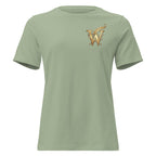 Front view of women’s relaxed-fit crewneck T-shirt with a gold Wordwhispers W-and-quill emblem on the left chest in sage