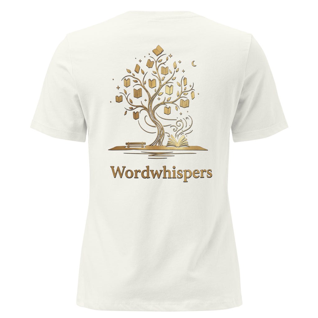 Back view of women’s relaxed-fit T-shirt featuring a gold tree with books among its branches, stars, a crescent moon, and Wordwhispers lettering beneath in vintage white