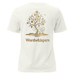 Back view of women’s relaxed-fit T-shirt featuring a gold tree with books among its branches, stars, a crescent moon, and Wordwhispers lettering beneath in vintage white