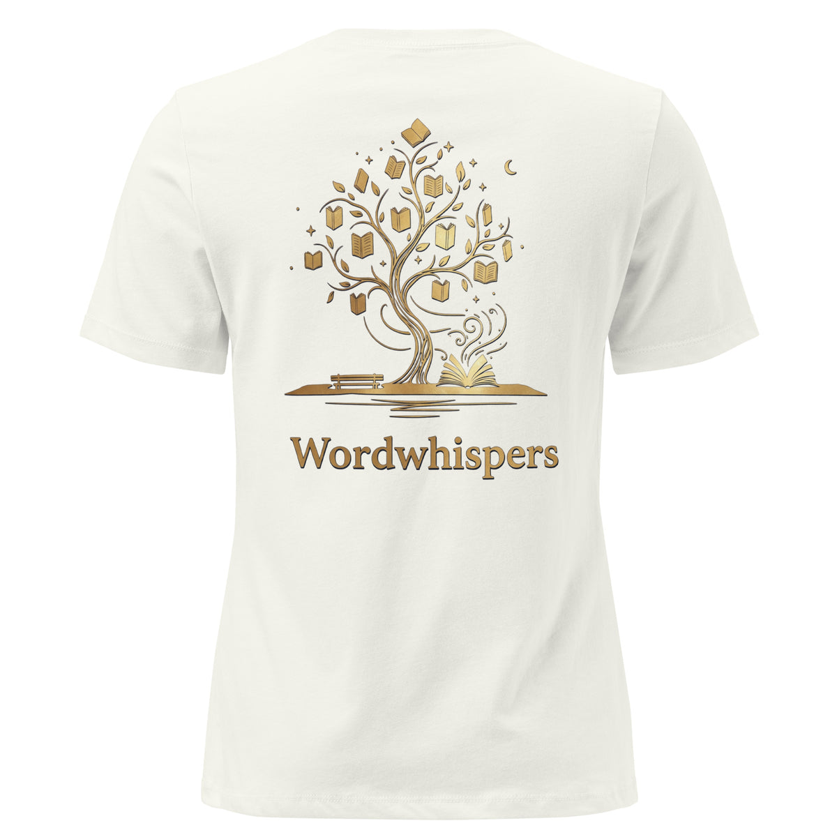Back view of women’s relaxed-fit T-shirt featuring a gold tree with books among its branches, stars, a crescent moon, and Wordwhispers lettering beneath in vintage white