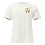 Front view of women’s relaxed-fit crewneck T-shirt with a gold Wordwhispers W-and-quill emblem on the left chest in vintage white