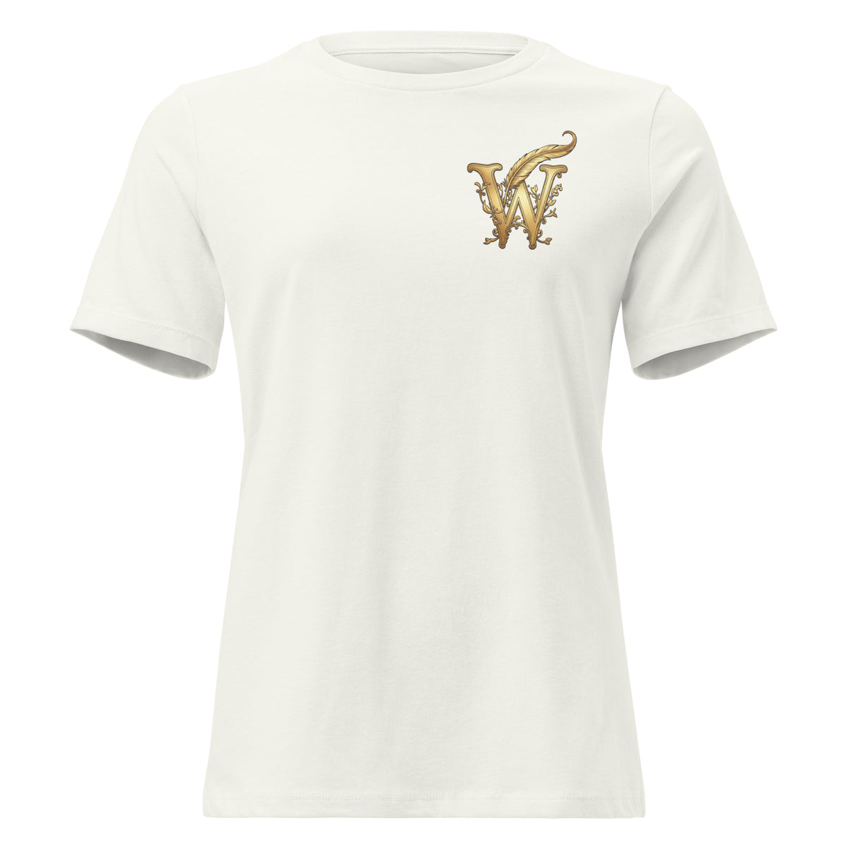 Front view of women’s relaxed-fit crewneck T-shirt with a gold Wordwhispers W-and-quill emblem on the left chest in vintage white