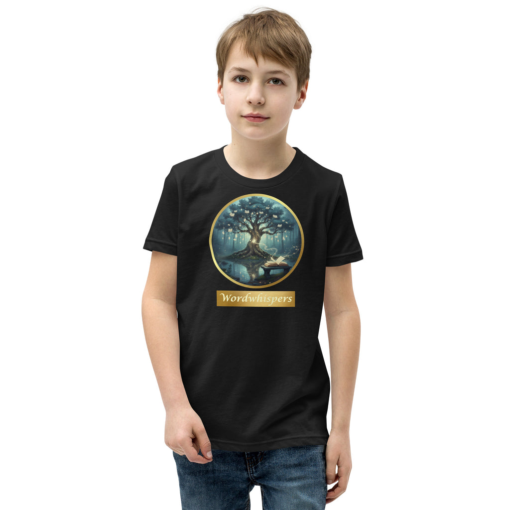 Book lover youth t-shirt with mystical tree and glowing books design in black