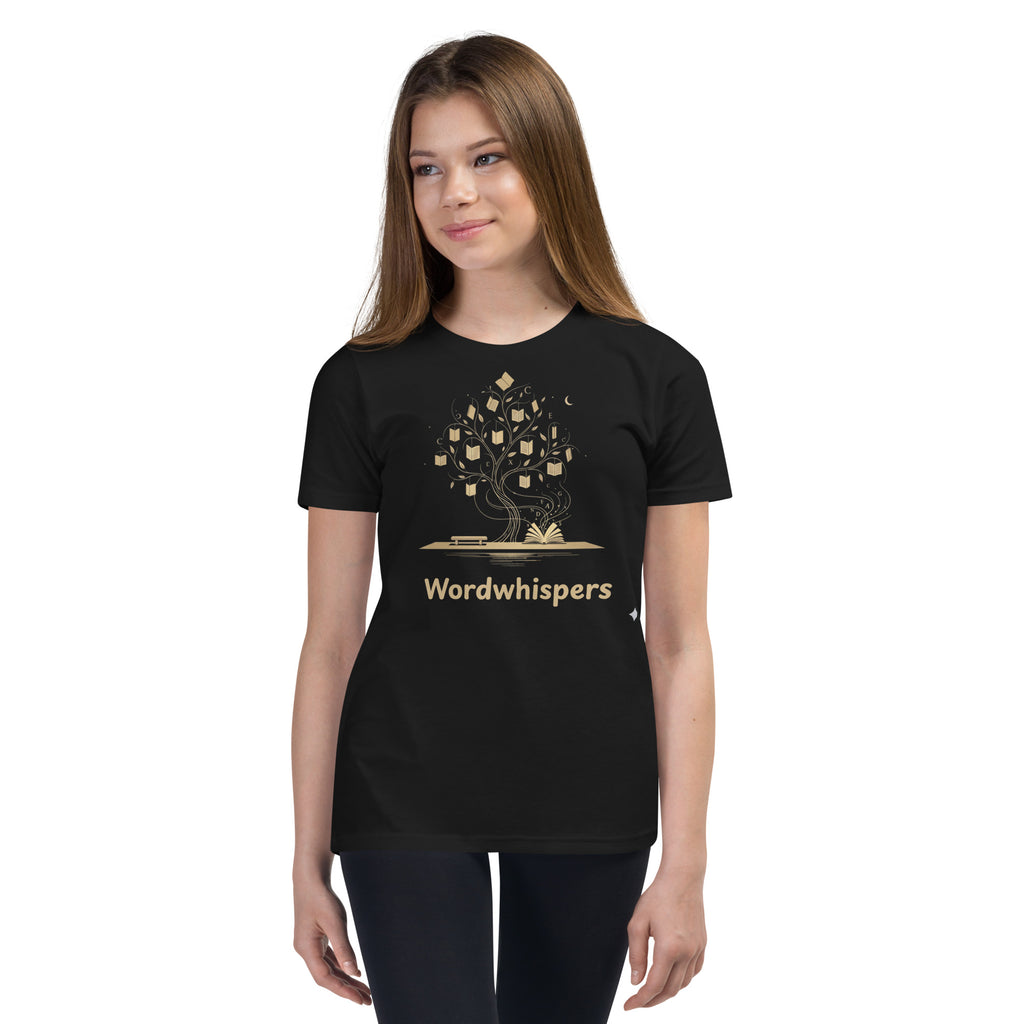 Book lover youth t-shirt with enchanted tree of storybooks design in black
