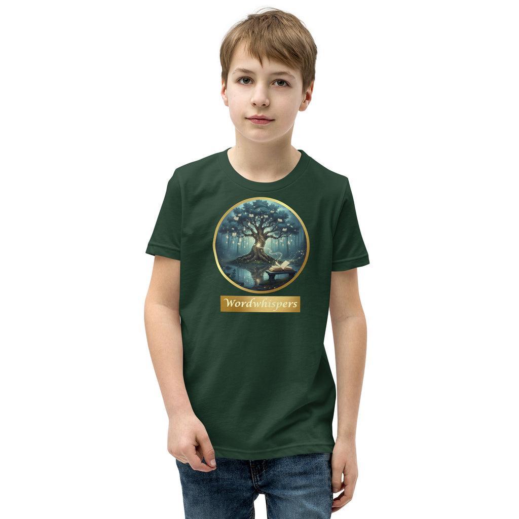 Book lover youth t-shirt with mystical tree and glowing books design in forest