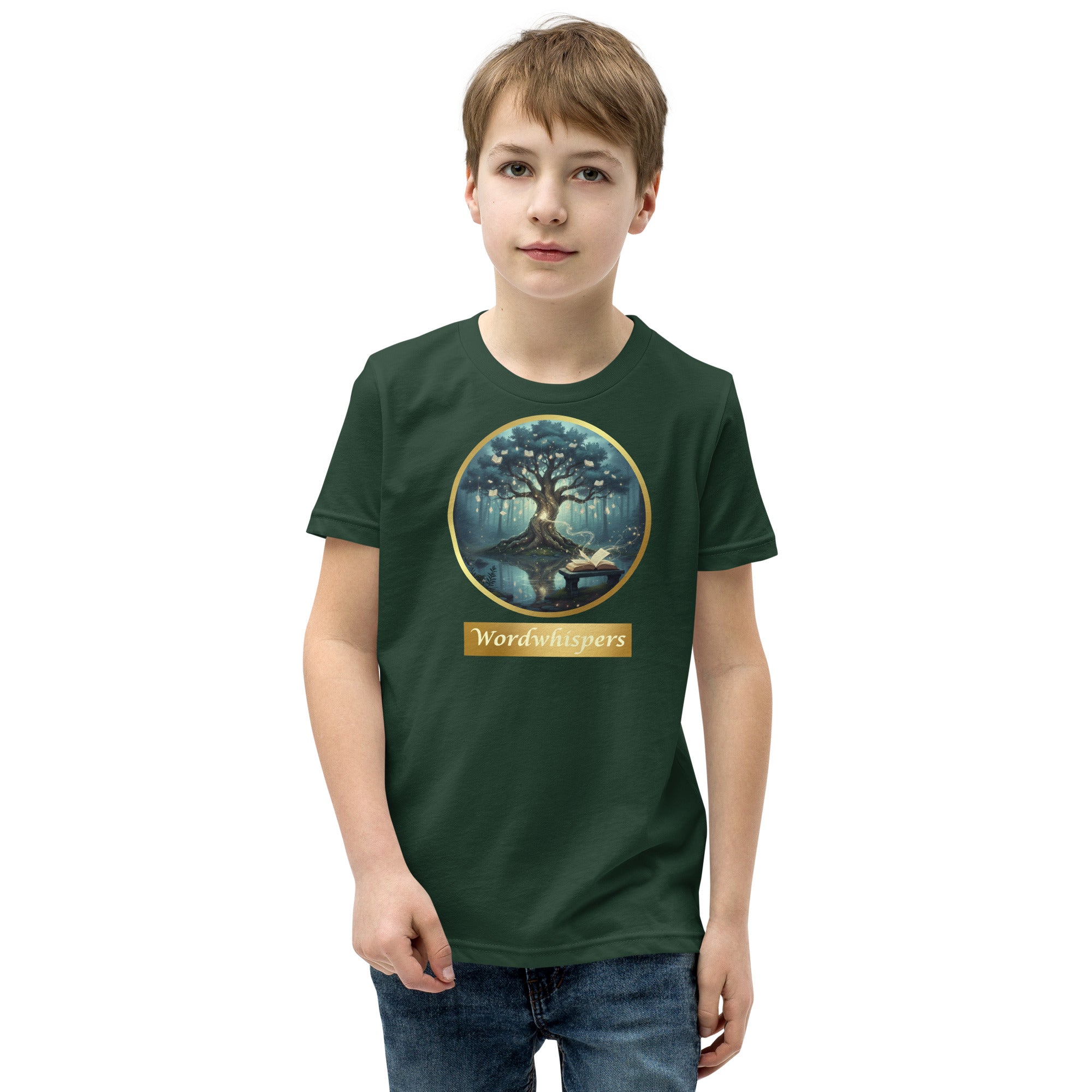 Book lover youth t-shirt with mystical tree and glowing books design in forest