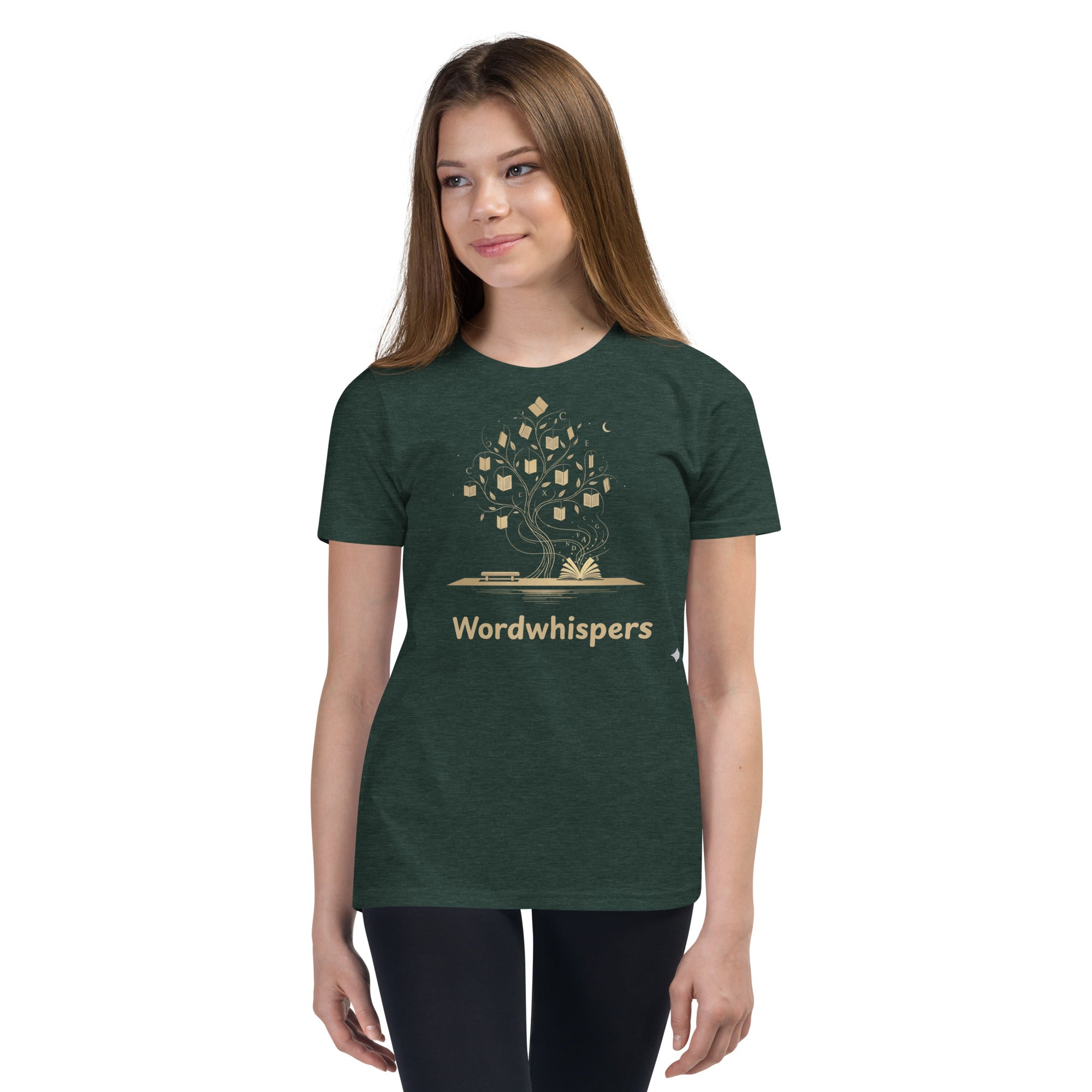 Book lover youth t-shirt with enchanted tree of storybooks design in heather forest