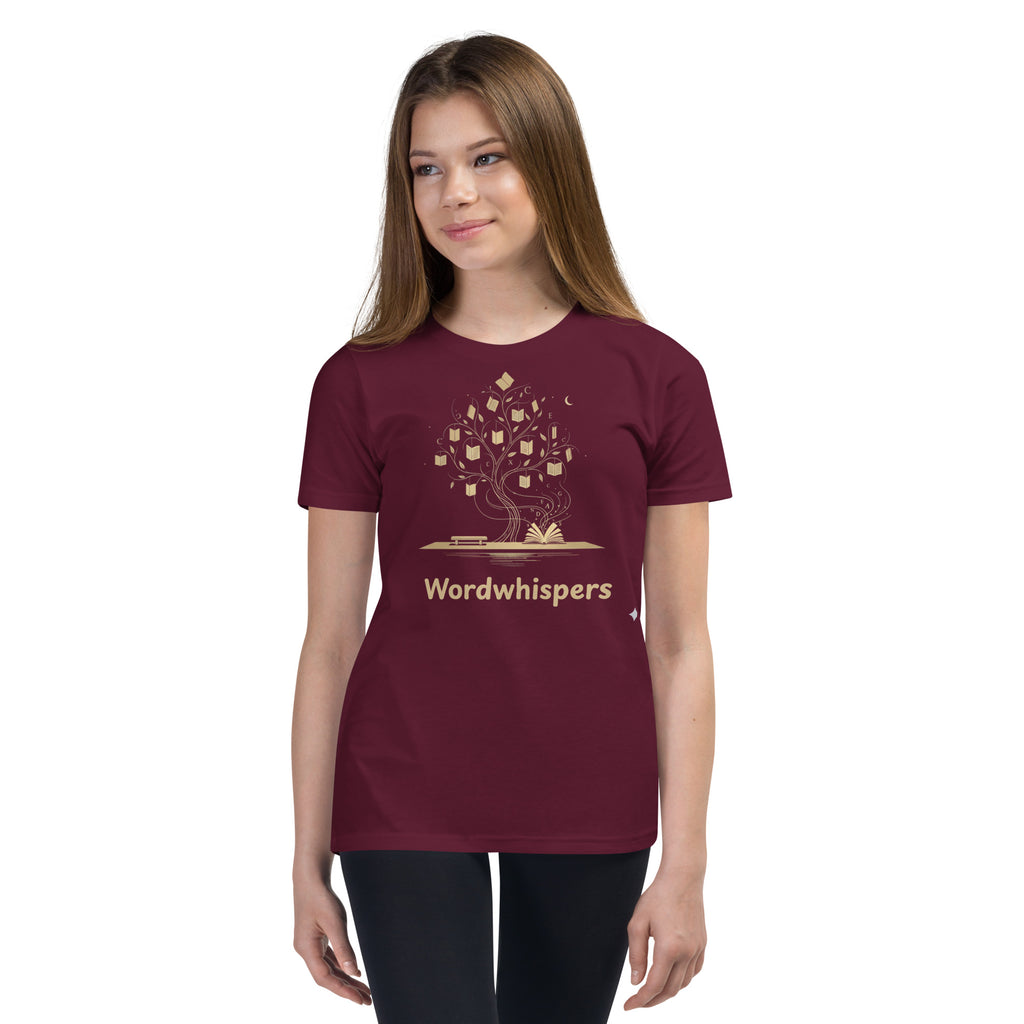 Book lover youth t-shirt with enchanted tree of storybooks design in maroon
