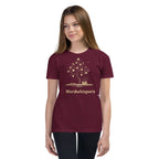Book lover youth t-shirt with enchanted tree of storybooks design in maroon