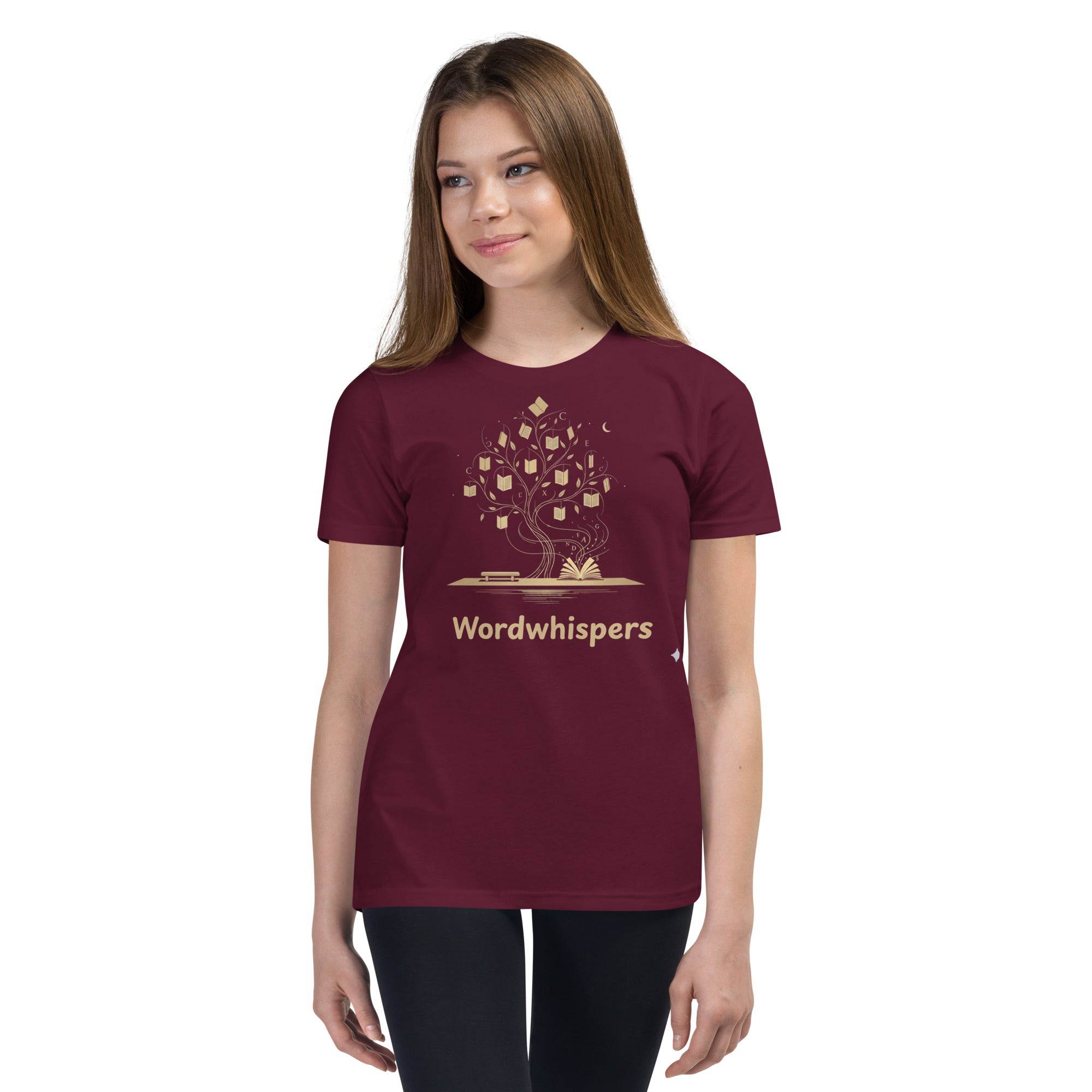 Book lover youth t-shirt with enchanted tree of storybooks design in maroon