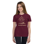Book lover youth t-shirt with enchanted tree of storybooks design in maroon
