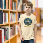 Book lover youth t-shirt with mystical tree and glowing books design in natural