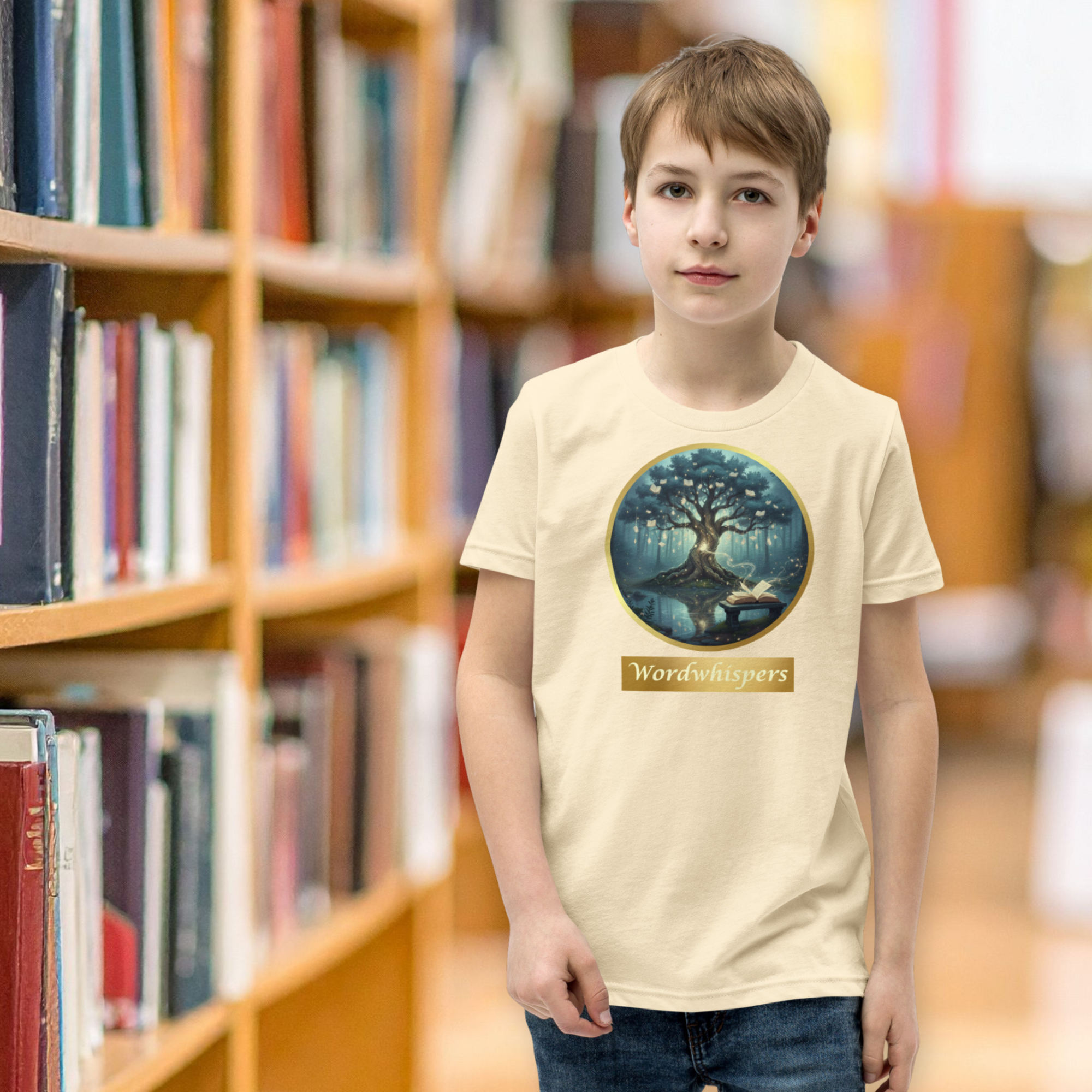 Book lover youth t-shirt with mystical tree and glowing books design in natural