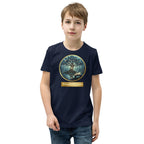 Book lover youth t-shirt with mystical tree and glowing books design in navy