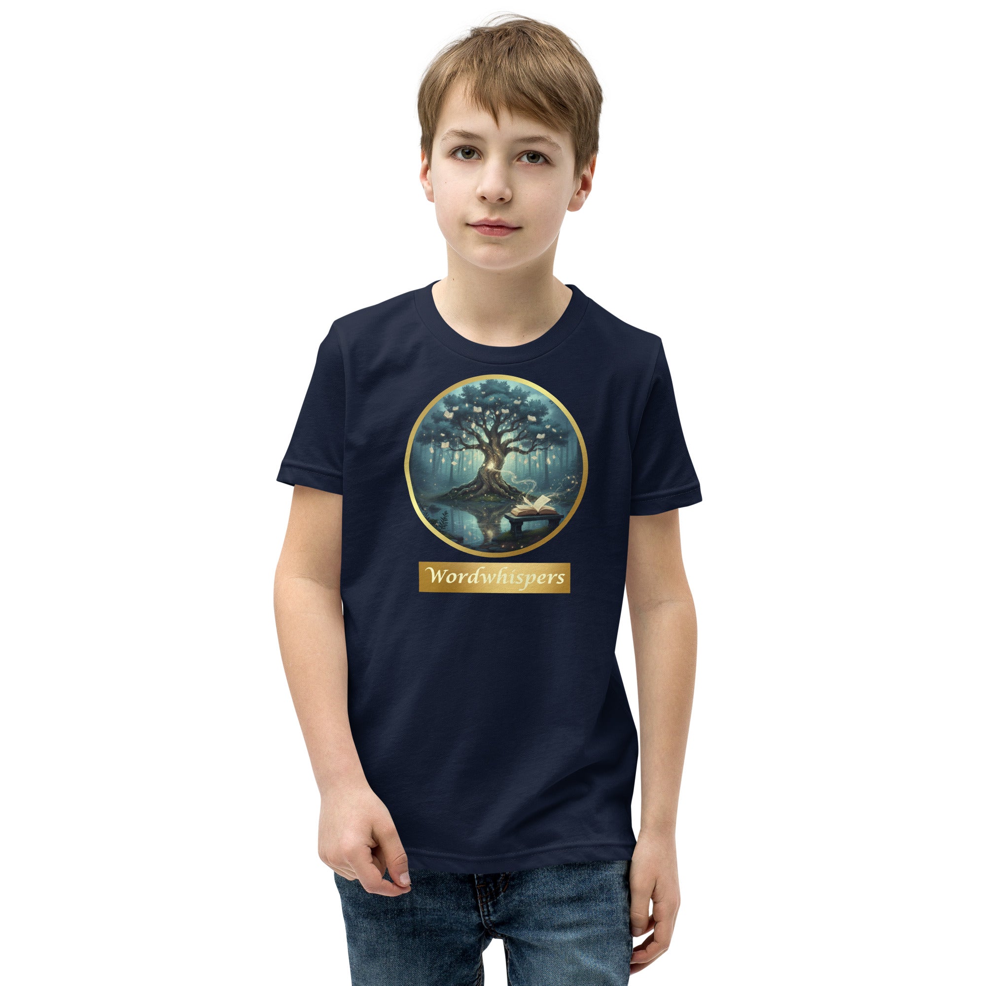Book lover youth t-shirt with mystical tree and glowing books design in navy