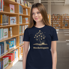 Book lover youth t-shirt with enchanted tree of storybooks design in navy