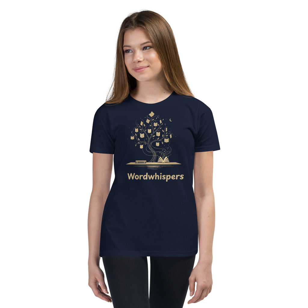 Book lover youth t-shirt with enchanted tree of storybooks design in navy