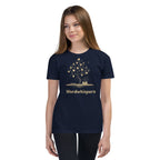 Book lover youth t-shirt with enchanted tree of storybooks design in navy