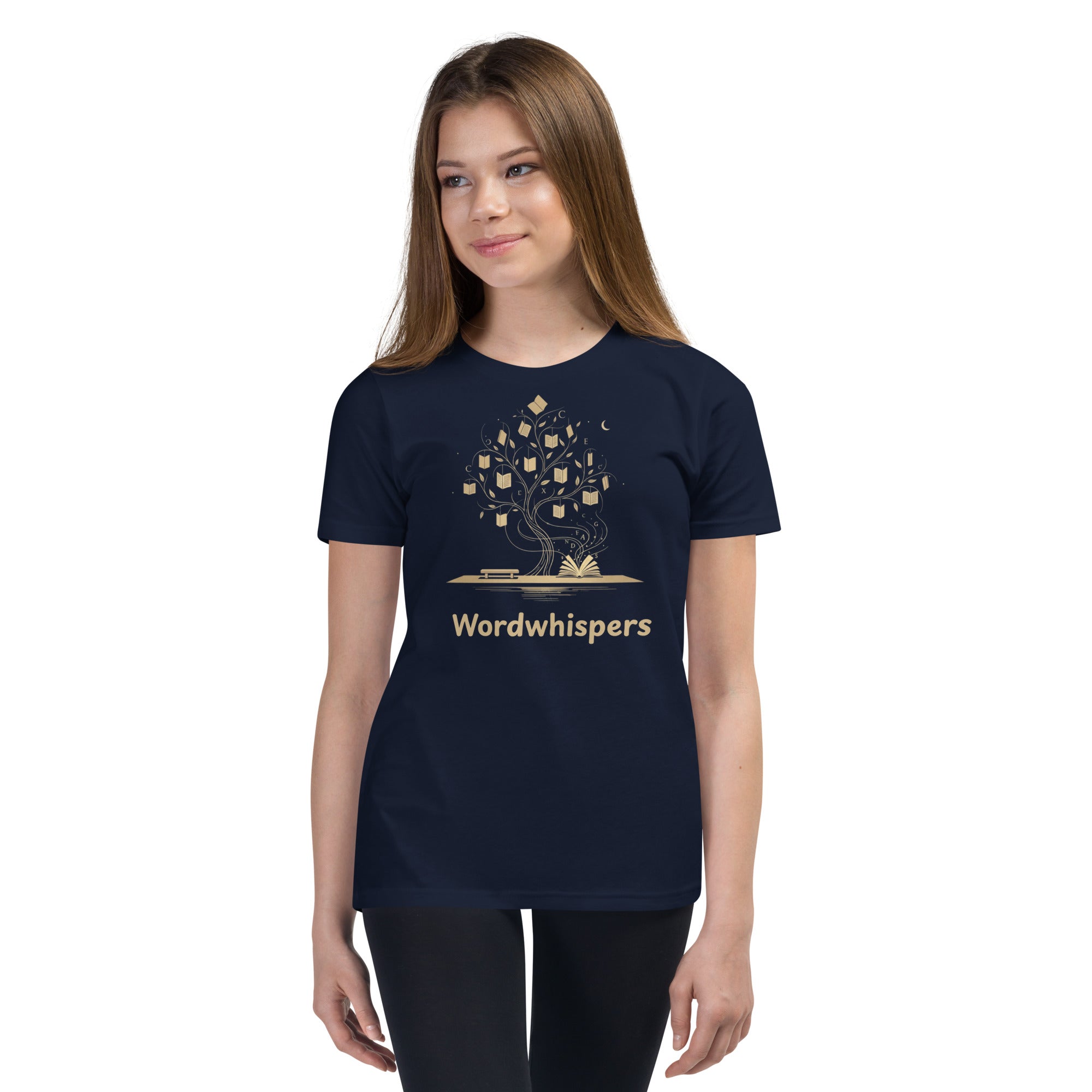 Book lover youth t-shirt with enchanted tree of storybooks design in navy